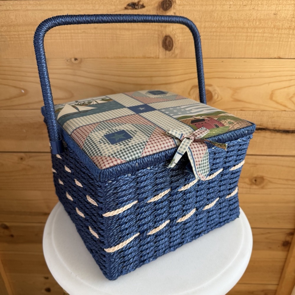 Vtg Woven Sewing Basket Wicker Americana *Flaws* Cottagecore Farmhouse Blue USA
